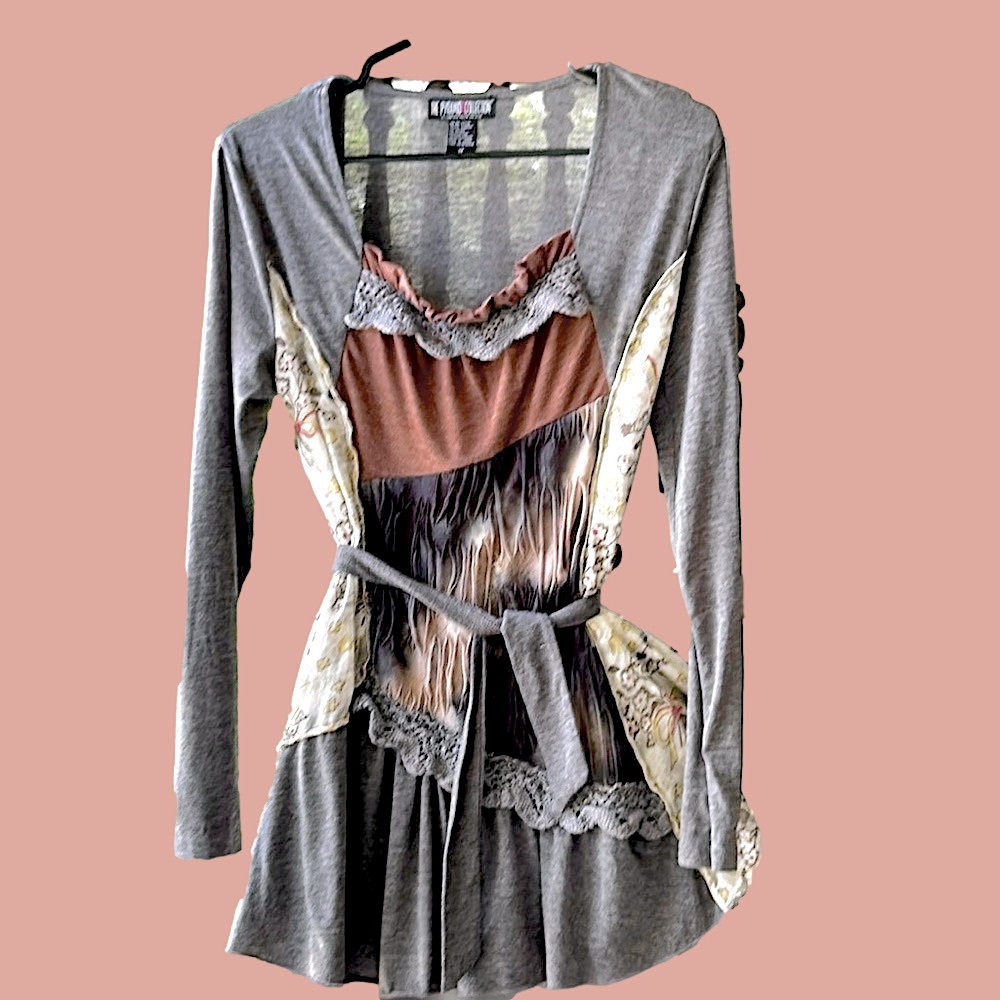 Steampunk Concert Festival Long Sleeve 80% Cotton Knit Dress Mix Media Tunic - Picture 5 of 10